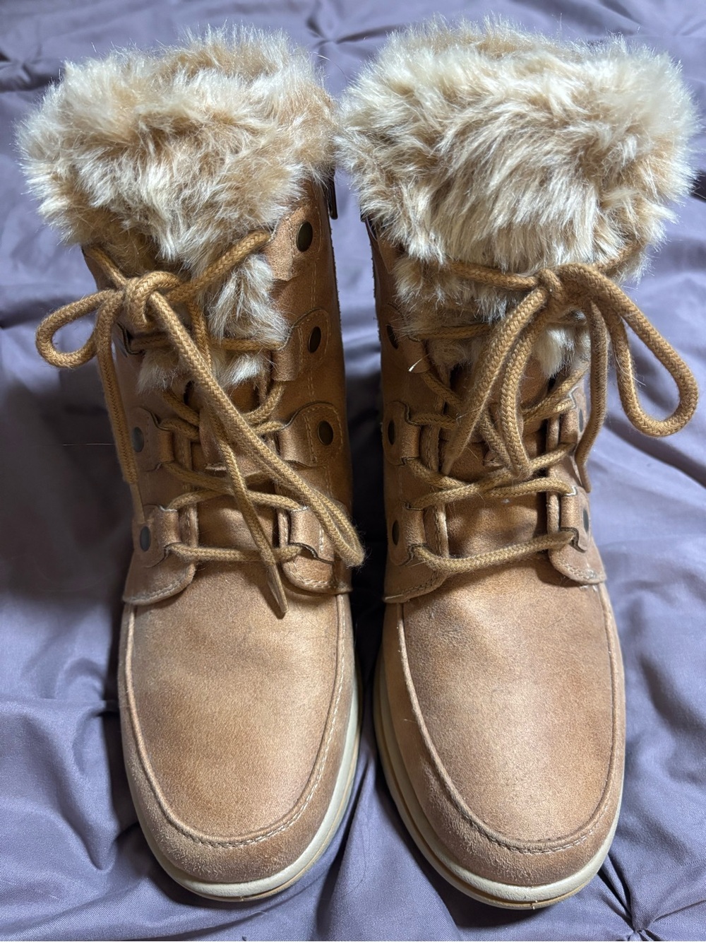 Cliffs by WHITE MOUNTAIN Tan Faux Fur Winter Lace-Up Boots
